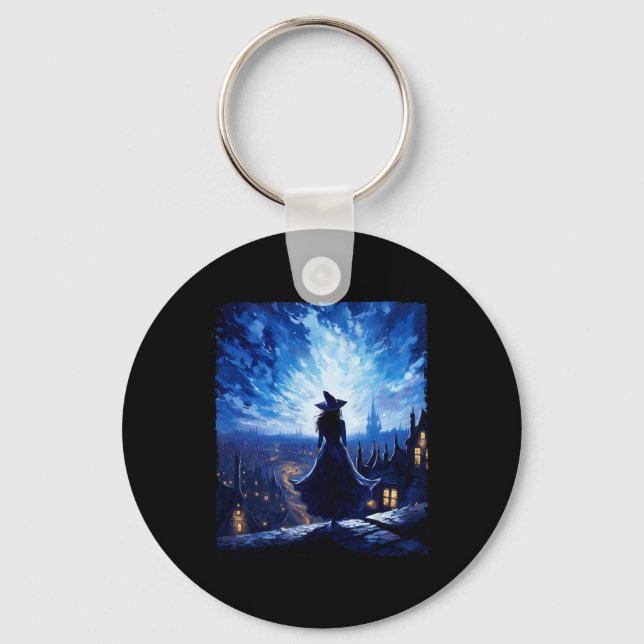 Halloween Witch Starry Night Van Gogh Aesthetic Pa Key Ring (Front)