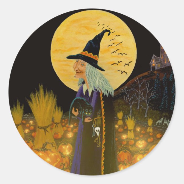 Halloween witch stickers,witch and Jack-O-Lanterns Classic Round Sticker (Front)