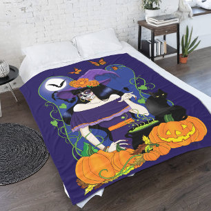 Halloween Witch Sugar Skull Fleece Blanket