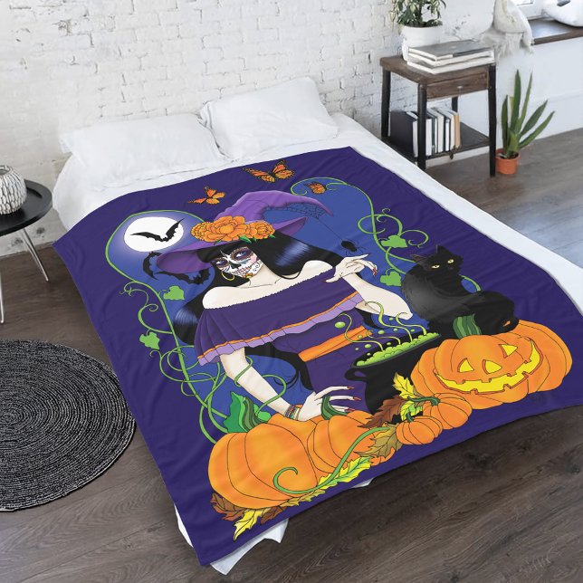 Halloween Witch Sugar Skull Fleece Blanket (Creator Uploaded)