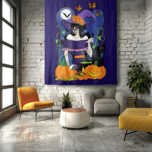 Halloween Witch Sugar Skull Tapestry