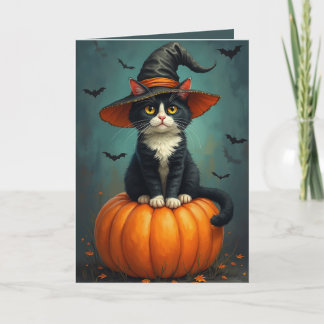 Halloween Witch Tuxedo Cat On A Pumpkin Card