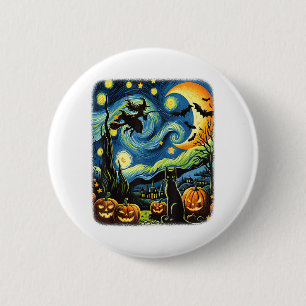 Halloween Witch Van Gogh Starry Night Black Cat Pu 6 Cm Round Badge