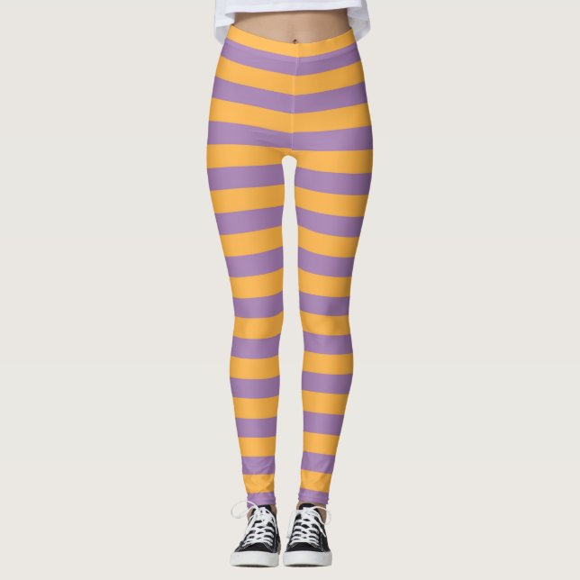 Halloween Witch Whimsical Orange Purple Striped Leggings (Front)