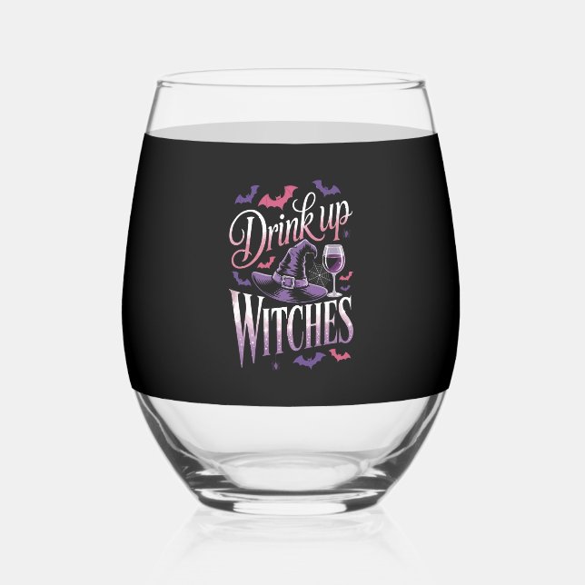 Halloween Witch Wine � Drink Up Stemless Wine Glass (Front)