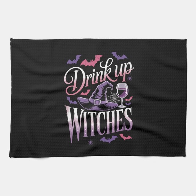 Halloween Witch Wine � Drink Up Tea Towel (Horizontal)