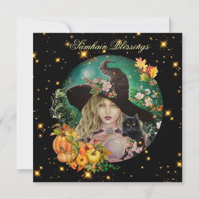 Halloween witch with black kitten greeting card  (Front)