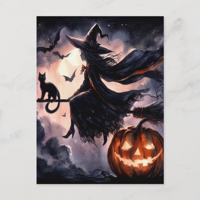 Halloween Witch with Broom and Cat Postcard (Front)