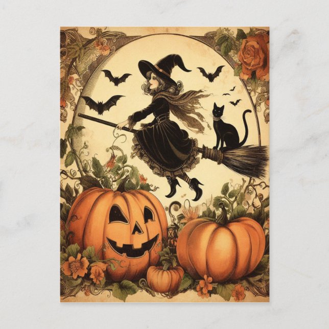 Halloween Witch with Broom and Cat Postcard (Front)