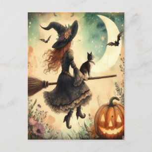 Halloween Witch with Broom and Cat Postcard