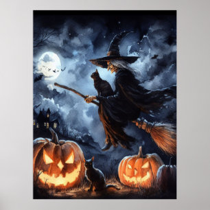 Halloween Witch with Broom and Cat Poster