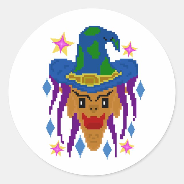  Halloween Witch with Broom – Pixel Art Classic Round Sticker (Front)