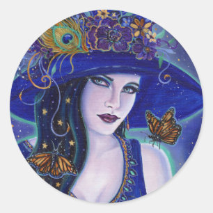Halloween witch with butterflies by Renee L Lavoie Classic Round Sticker
