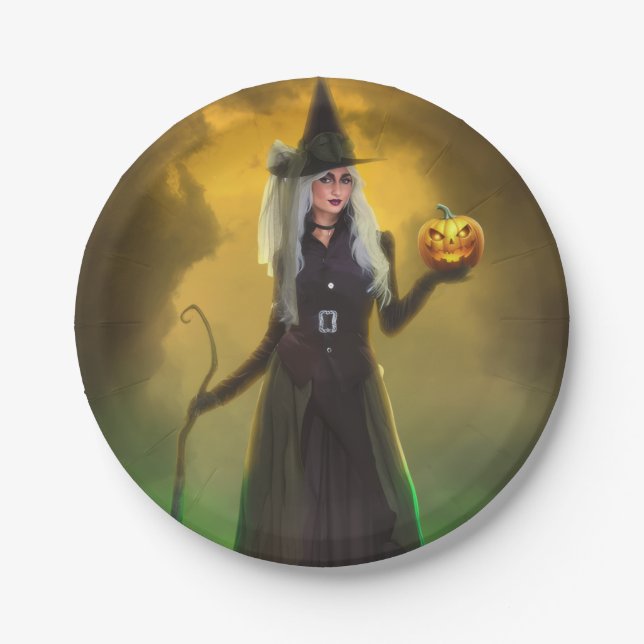 Halloween Witch with cane Paper Plate (Front)