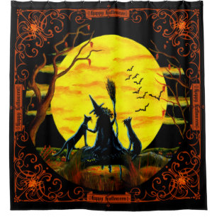 Halloween witch with familiars shower curtain