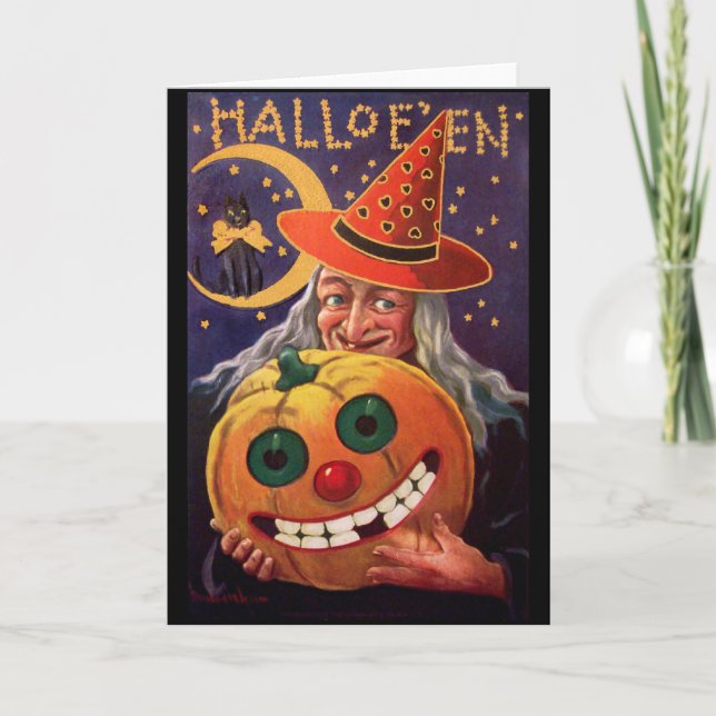 Halloween Witch with Funny Pumpkin Card (Front)