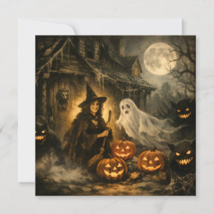 Halloween Witch with Ghost, Monsters and Pumpkins  Holiday Card