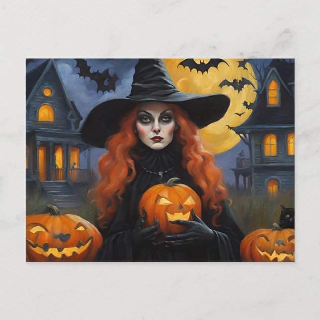 Halloween Witch with Jack O'Lantern Illustration  Holiday Postcard (Front)