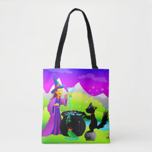 Halloween Witch with Magic Potion and Black Cat Tote Bag