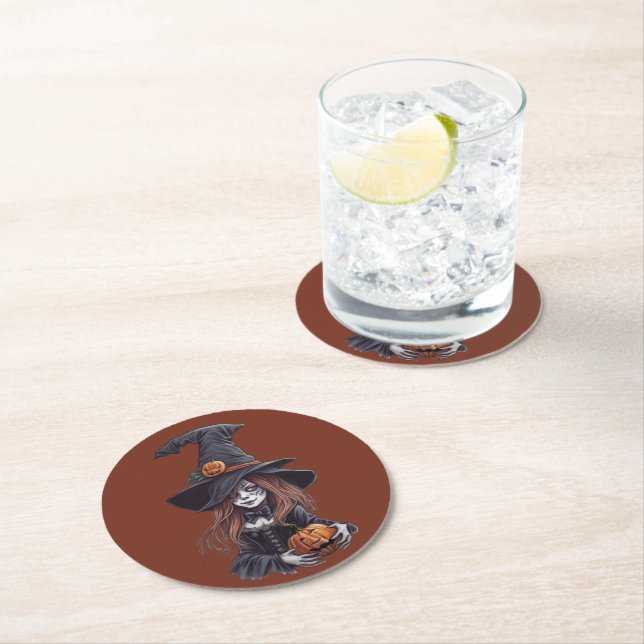 Halloween Witch with Pumpkin -  Round Paper Coaster (Insitu)