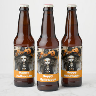 Halloween witch with pumpkins beer bottle label