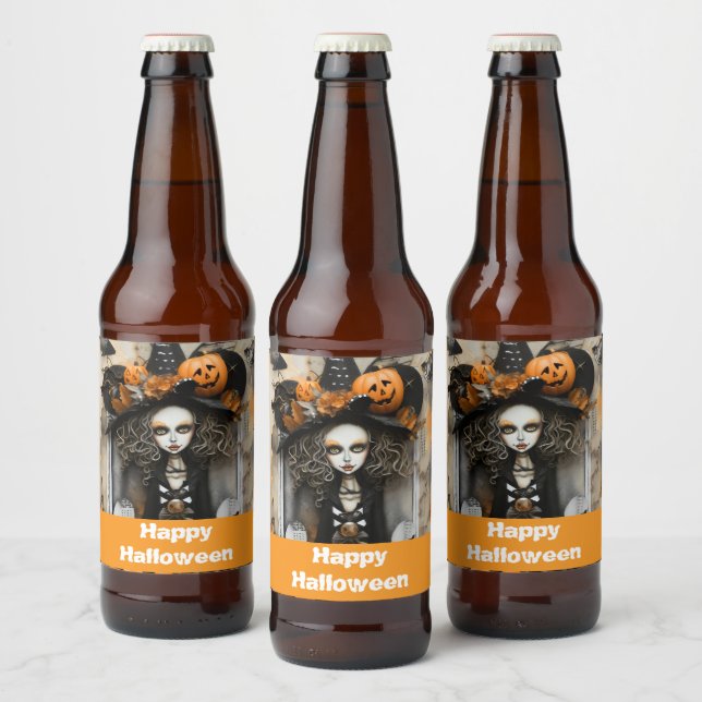Halloween witch with pumpkins beer bottle label (Bottles)