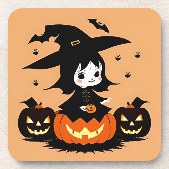 Halloween Witch with Pumpkins Coaster (Front)