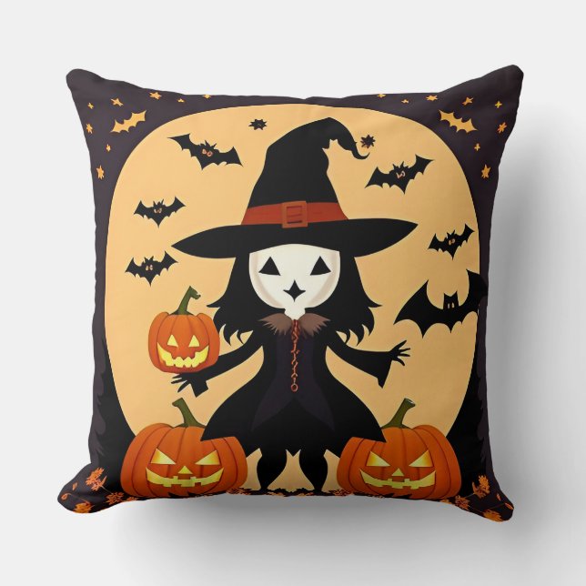 Halloween Witch with Pumpkins Cushion (Front)