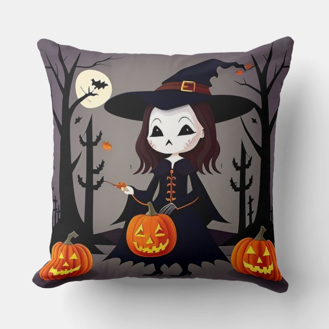 Halloween Witch with Pumpkins Cushion (Front)