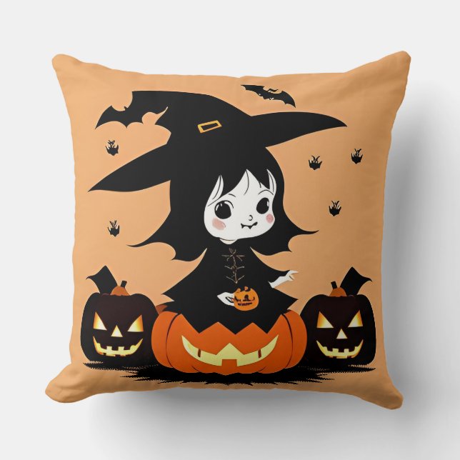 Halloween Witch with Pumpkins Cushion (Front)
