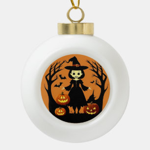 Halloween Witch with Pumpkins in Spooky Setting Ceramic Ball Christmas Ornament