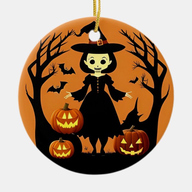 Halloween Witch with Pumpkins in Spooky Setting Ceramic Tree Decoration (Front)
