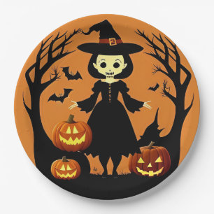Halloween Witch with Pumpkins in Spooky Setting Paper Plate