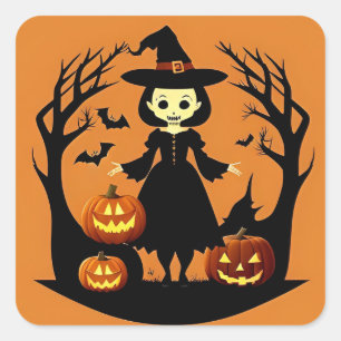 Halloween Witch with Pumpkins in Spooky Setting Square Sticker