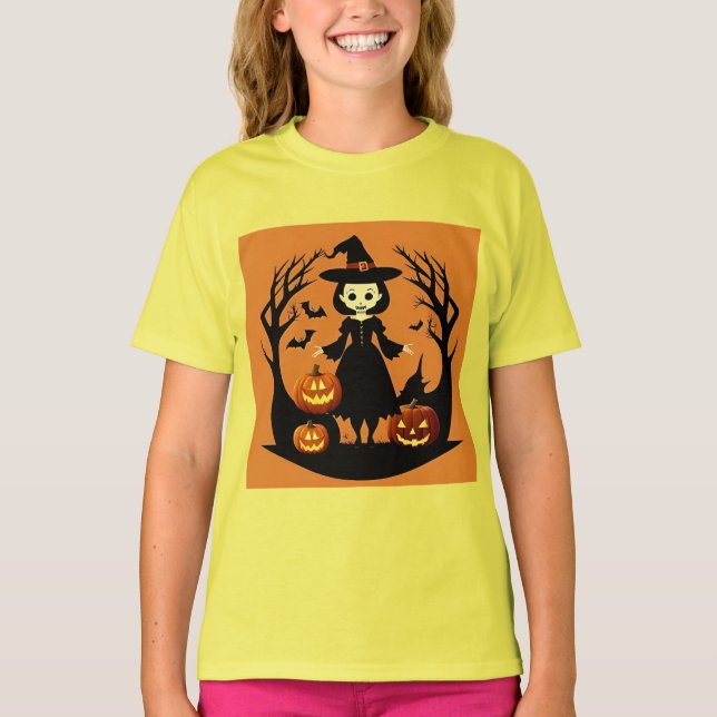 Halloween Witch with Pumpkins in Spooky Setting T-Shirt (Front)