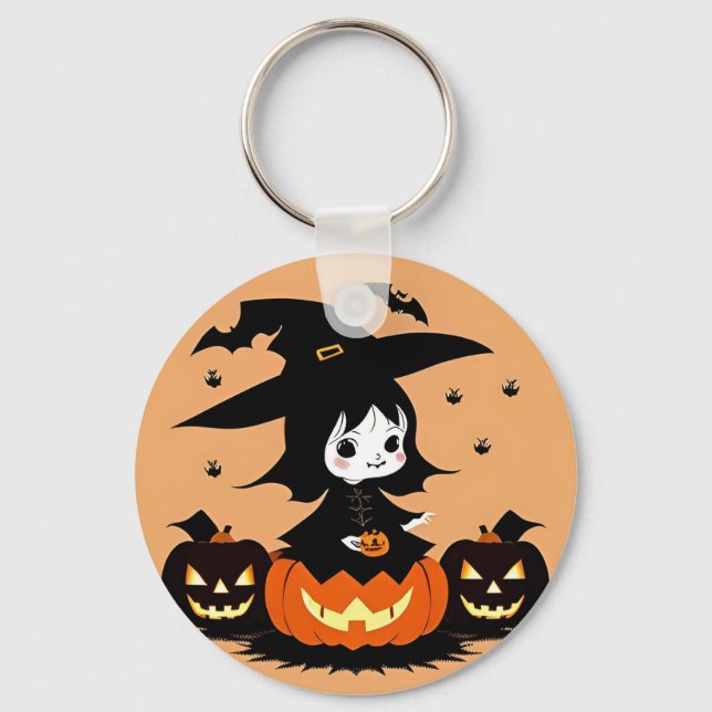 Halloween Witch with Pumpkins Key Ring (Front)