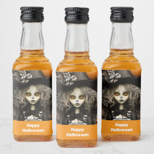 Halloween witch with pumpkins liquor bottle label