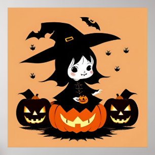 Halloween Witch with Pumpkins Poster