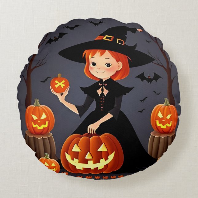 Halloween Witch with Pumpkins Round Cushion (Front)
