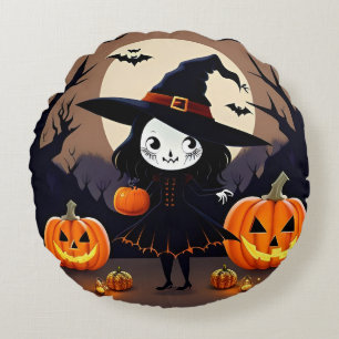 Halloween Witch with Pumpkins Round Cushion