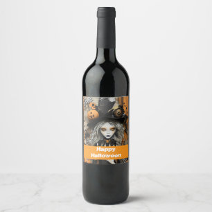 Halloween witch with pumpkins wine label