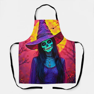 Halloween Witch with Skull Face Design Apron