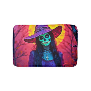Halloween Witch with Skull Face Design Bath Mat