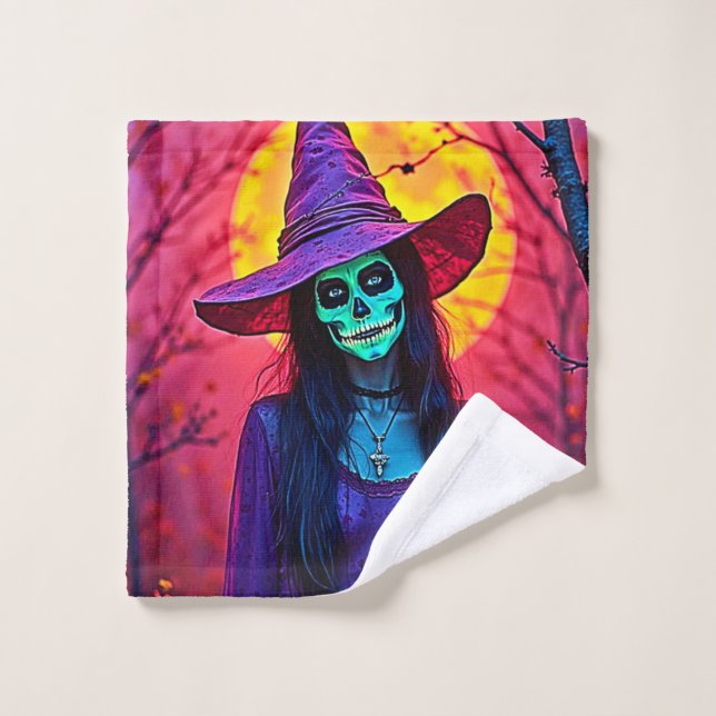 Halloween Witch with Skull Face Design Bath Towel Set (Wash Cloth)