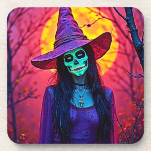 Halloween Witch with Skull Face Design Coaster