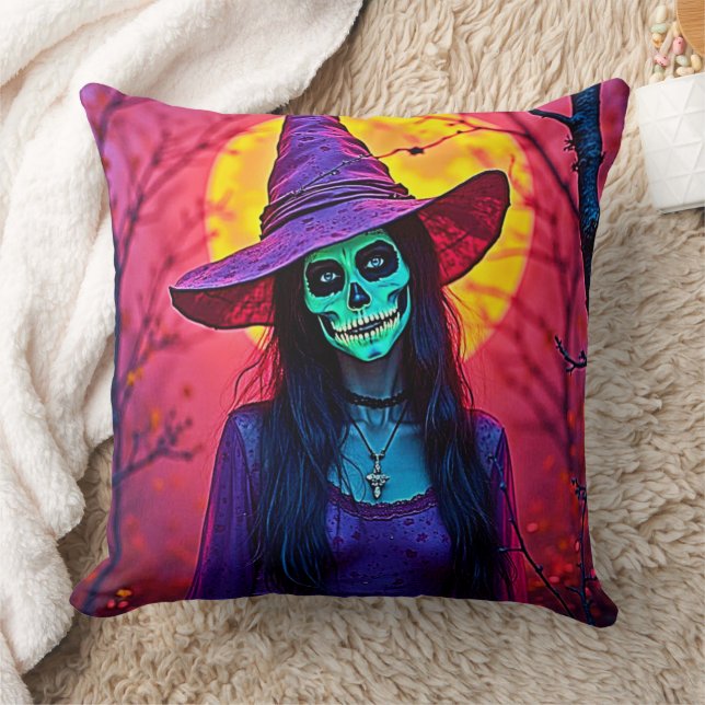 Halloween Witch with Skull Face Design Cushion (Blanket)