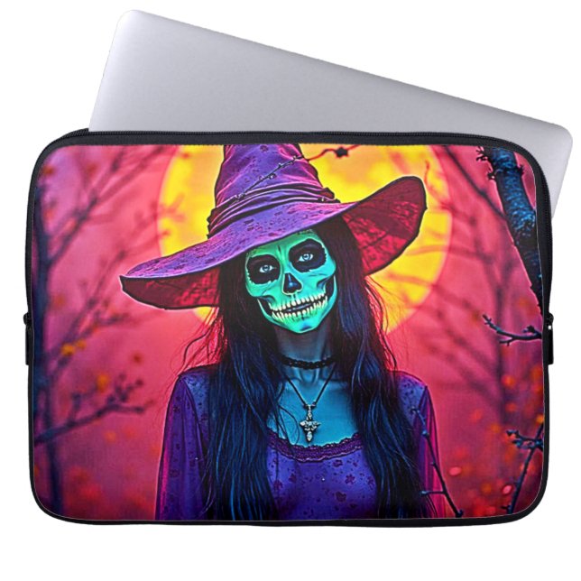 Halloween Witch with Skull Face Design Laptop Sleeve (Front)
