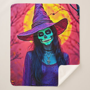 Halloween Witch with Skull Face Design Sherpa Blanket