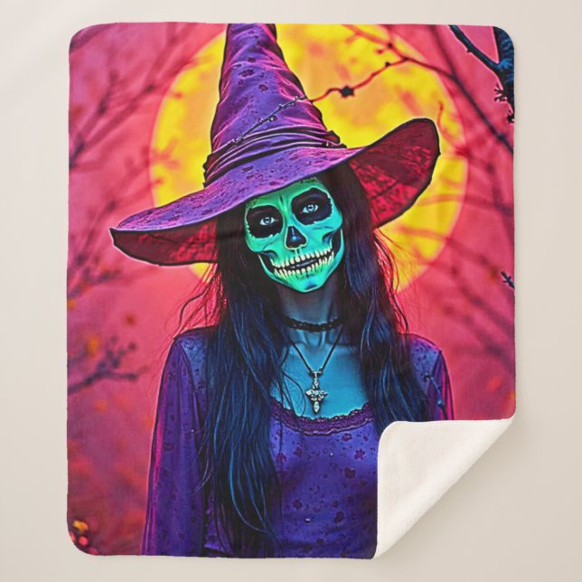 Halloween Witch with Skull Face Design Sherpa Blanket (Front)