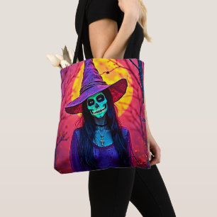 Halloween Witch with Skull Face Design Tote Bag